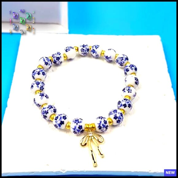 Vintage Floral Beaded Stretch Bracelet Set Handmade Porcelain Boho Charm Jewelry - Picture 6 of 7